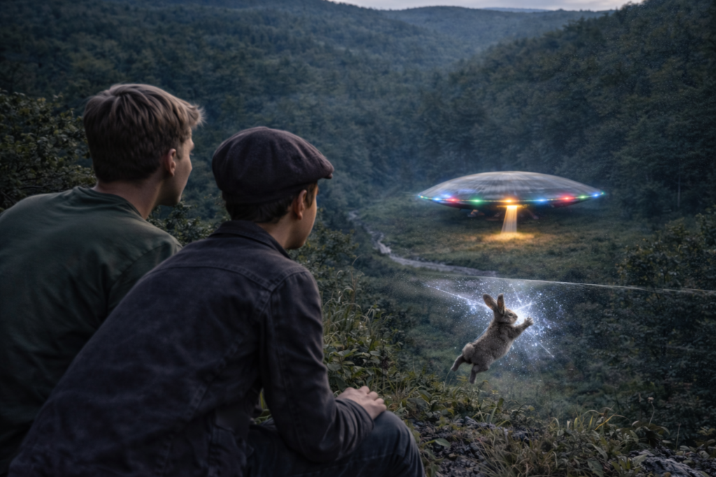 Image illustrative de Leo et Mike qui voient le lapin rebondir sur la barrière énergétique magnétique invisible (champ de force) qui protège l’accès au vaisseau à grande distance.