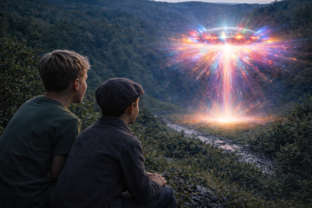 Image illustrative du décollage du vaisseau observé par Leo et Mike Dworshak avec le flash coloré au moment du départ avant disparition soudaine.