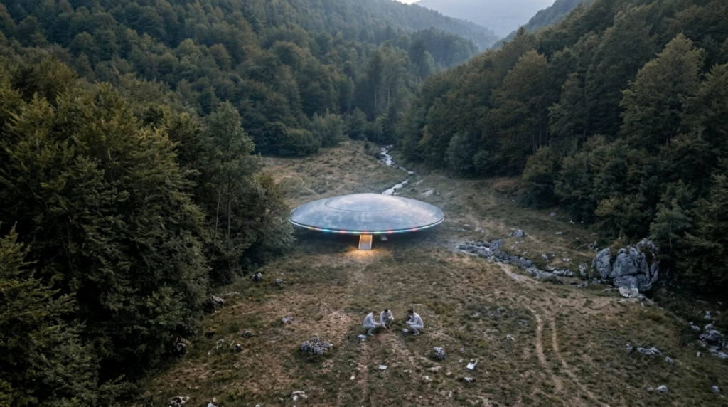 Image illustrative des hommes d’équipage du vaisseau vus de loin en train de s’affairer à côté du vaisseau en train de prélever des échantillons au sol dans la nature.