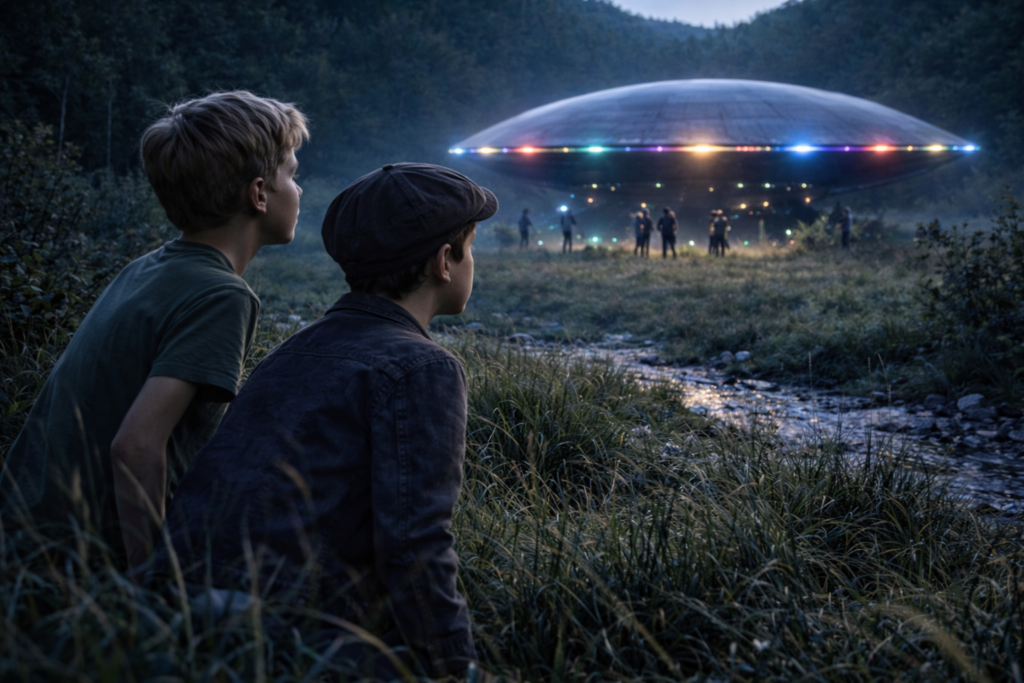 Illustration de Leo et Mike qui regardent de loin les hommes près du vaisseau jusqu’à la nuit.