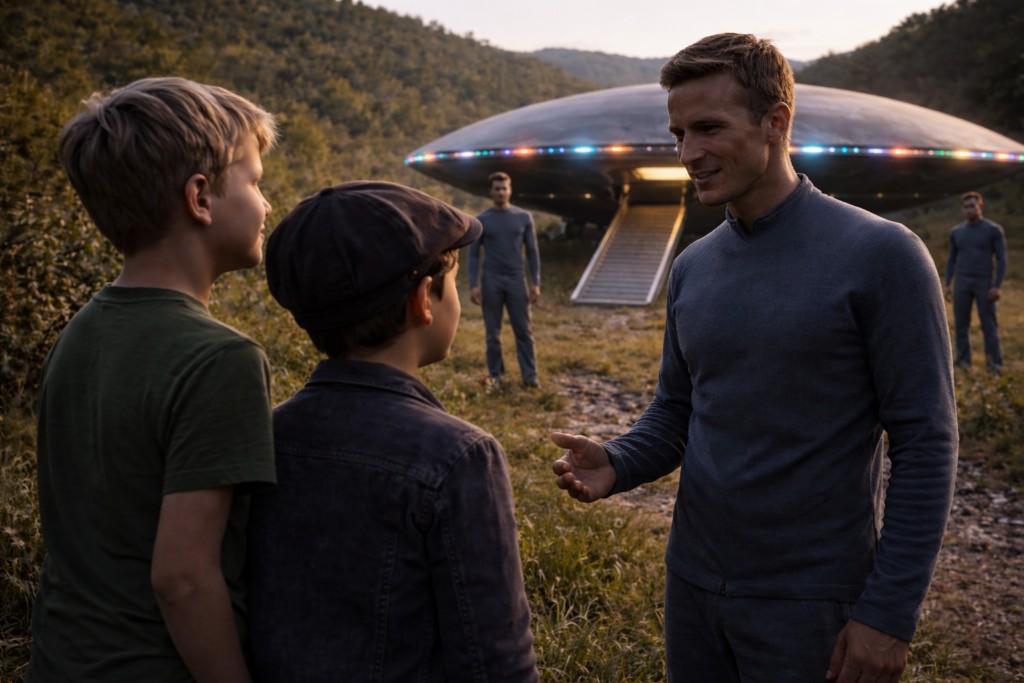 Image illustrative de Leo et Mike parlant avec un des hommes d’équipage qui vient les aborder.