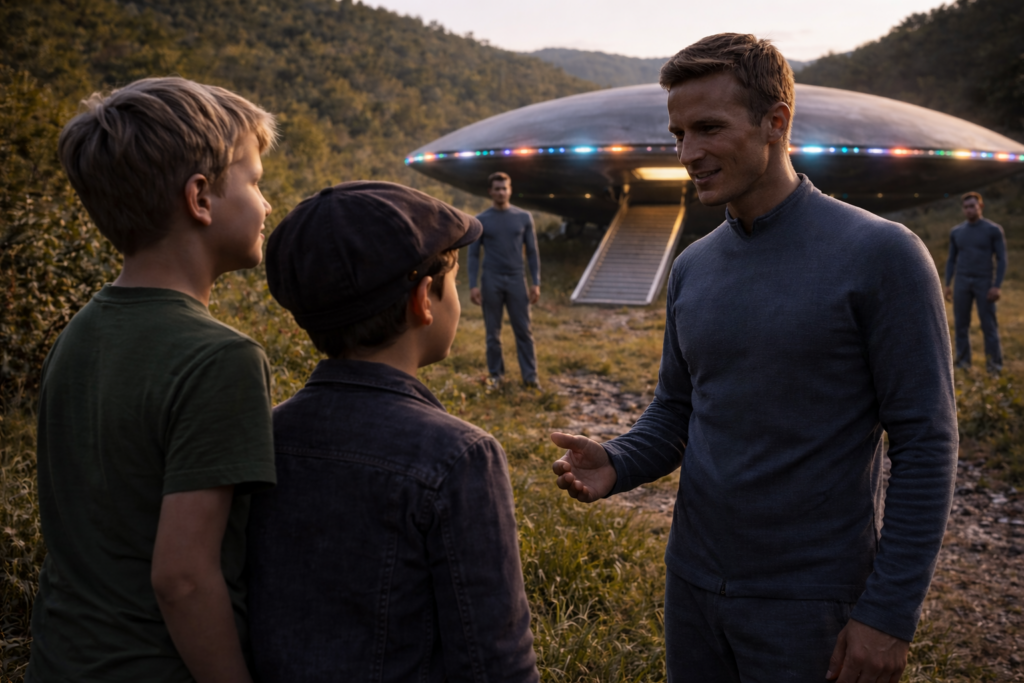 Image illustrative de Leo et Mike parlant avec un des hommes d’équipage qui vient les aborder.