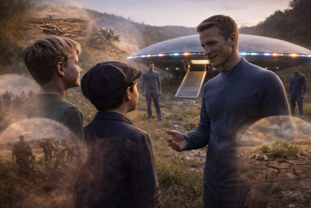 Illustration de la scène où Leo et Mike ont une discussion sérieuse avec le visiteur, qui leur parle de choses importantes concernant les terriens.