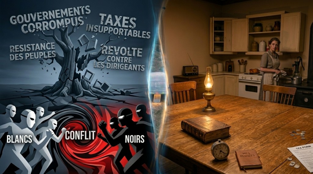 Illustration des informations données à Leo Dworshak sur le dysfonctionnement de la société humaine et les prévisions de conflits humains à venir par les visiteurs extraterrestres.