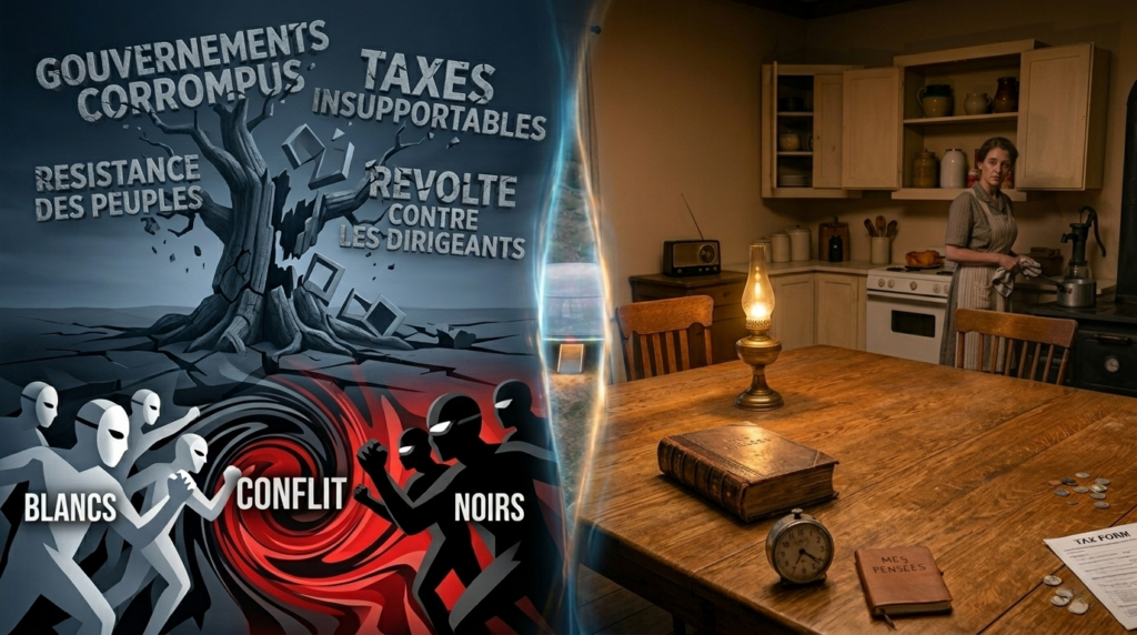 Illustration des informations données à Leo Dworshak sur le dysfonctionnement de la société humaine et les prévisions de conflits humains à venir par les visiteurs extraterrestres.