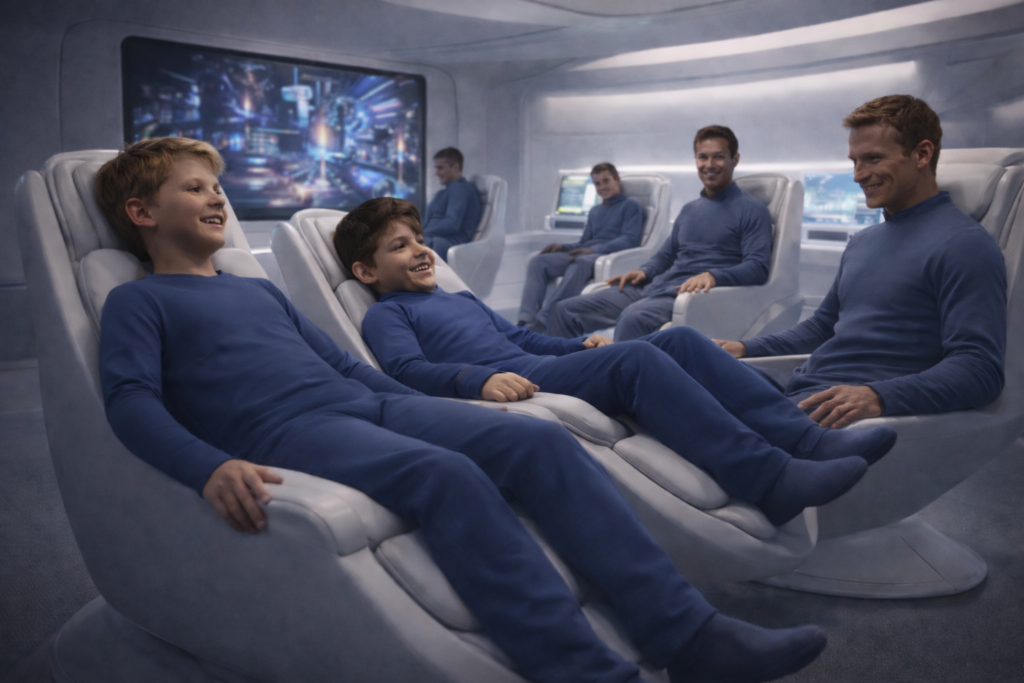 Illustration de l’entrée dans le vaisseau et des sièges testés par Leo et Mike, ainsi que de l’environnement de la pièce principale décrite.