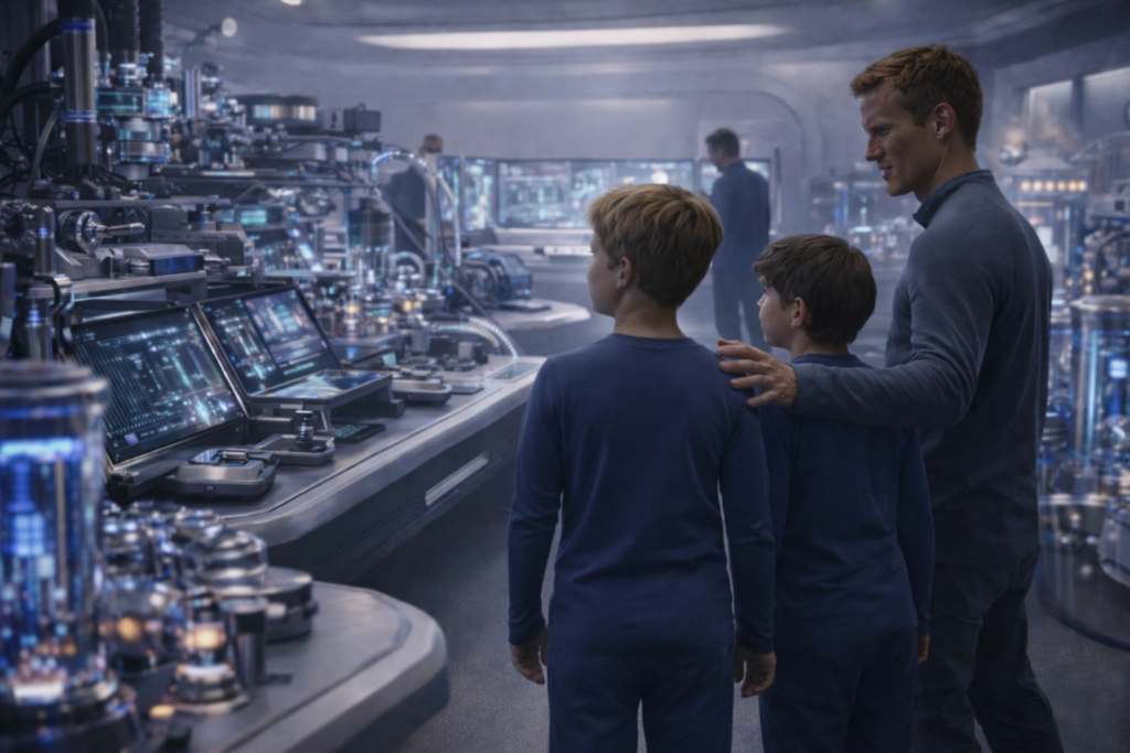 Illustration de la visite du laboratoire dans le vaisseau par Leo et Mike Dworshak.