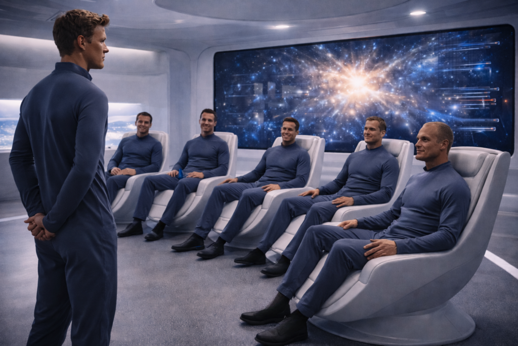 Illustration de la deuxième visite de Leo Dworshak dans le vaisseau à ses 19 ans, sans son frère.