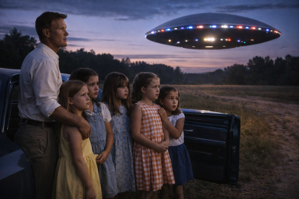 Illustration du contact où Leo Dworshak, ses trois filles et deux de leurs amies observent le vaisseau durant une demi-heure le soir alors qu’ils étaient en voiture, en 1962.