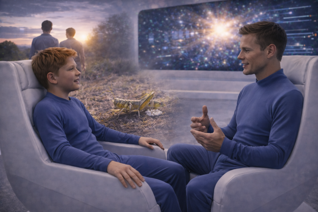 Illustration du voyage mental de Leo qui reçoit des informations comprimées simultanées pendant sa discussion avec les membres d’équipage.