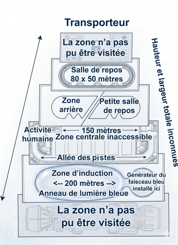 Voici une image propre refaite par IA générative à partir du dessin ci-dessus légendé, schématique en coupe interne du vaisseau pyramidal de Haven appelé "transporteur" par Alec.