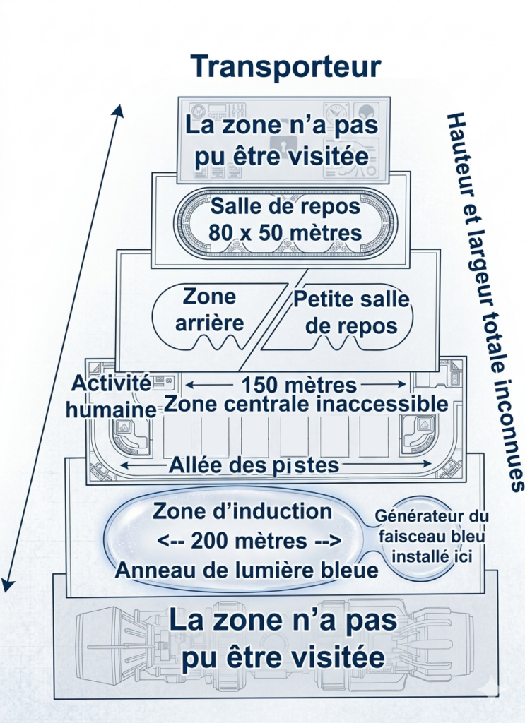 Voici une image propre refaite par IA générative à partir du dessin ci-dessus légendé, schématique en coupe interne du vaisseau pyramidal de Haven appelé "transporteur" par Alec.