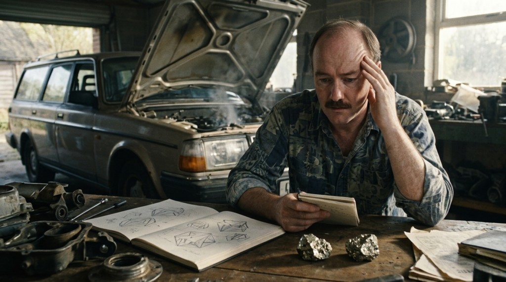 Illustration de Alec trouvant les deux morceaux de pyrites et son carnet de croquis contenant des choses étranges qu'il ne se souvient pas avoir dessinées, dans sa voiture qu'il vide pour la vendre.