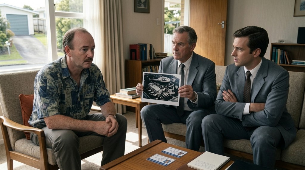 Illustration des deux hommes qui viennent rencontre Alec pour l'interroger sur une modification anormale d'un élément du circuit du moteur de la voiture, une pièce en symétrie miroir existe à la place de la pièce normale, ce qui est impossible.