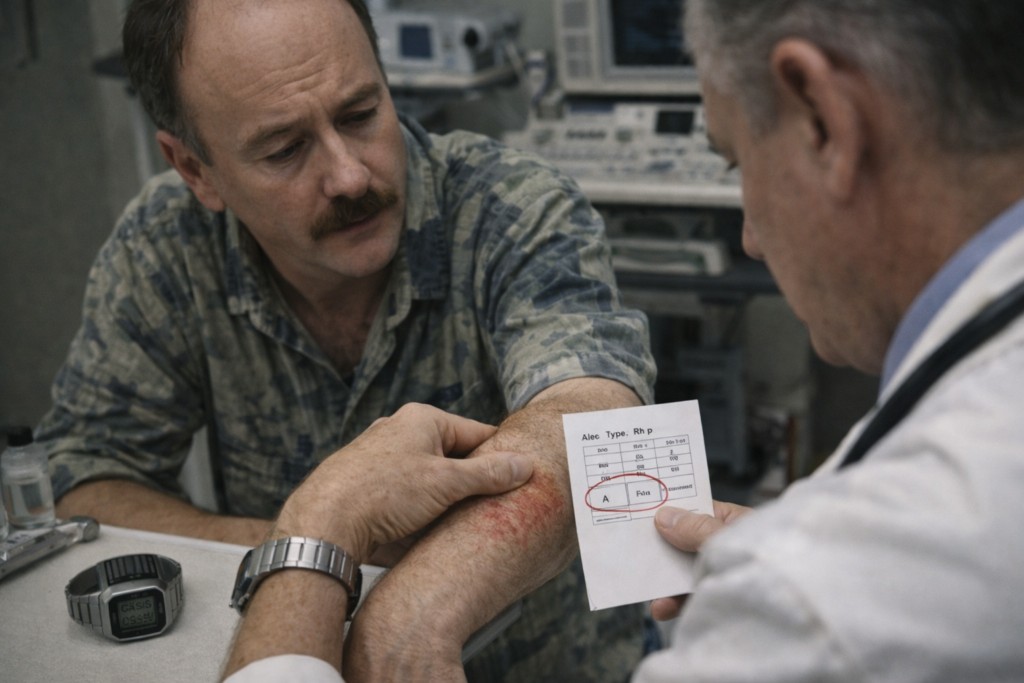 Illustration de Alec consultant pour son état de santé et le bilan sanguin normal.