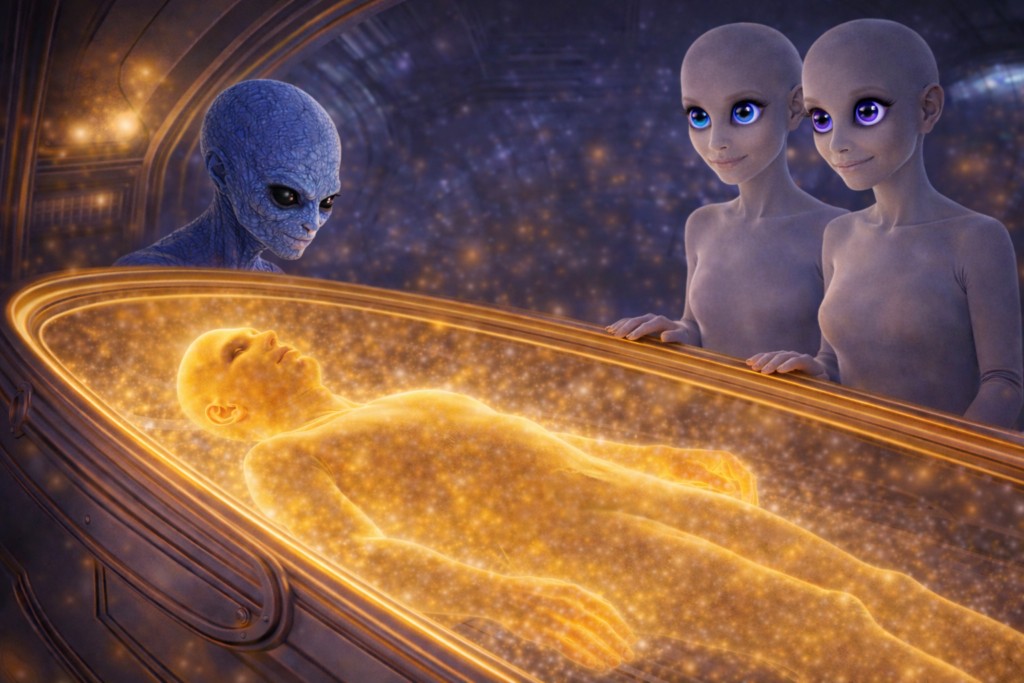 Illustration d'Alec en état fantômatique doré pendant 24h pour la transition dimensionnelle afin de lui permettre de revenir ensuite à son état physique.