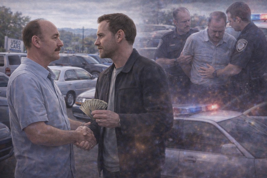 Illustration de Alec se faisant piéger par Jeff Wright une fausse identité d'un agent gouvernemental probablement, afin de le faire emprisonner et le mettre en état de faiblesse et détresse afin de contrôler et obtenir ses informations de contact extraterrestre qu'ik refuse de révéler jusque-là.