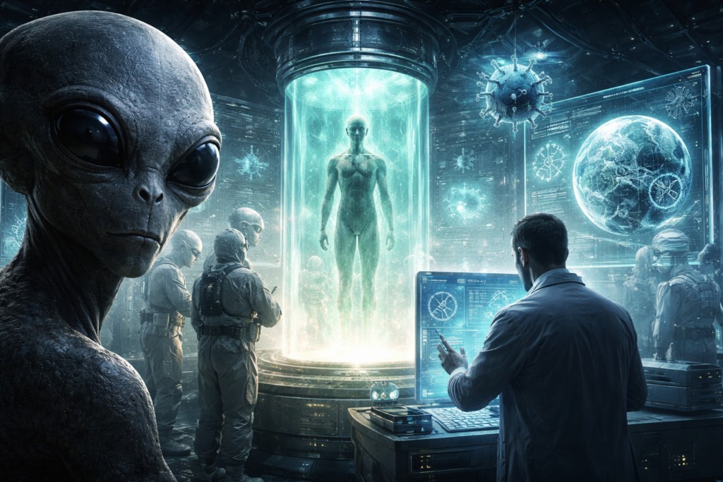 Illustration de gris travaillant avec des faction d'humains dans des programmes secrets afin de créer des hybrides humains résistants à un virus mortel qui serait déversé sur Terre pour tuer la population et la remplacer par ces hybrides, afin de coloniser la Terre par la force.
