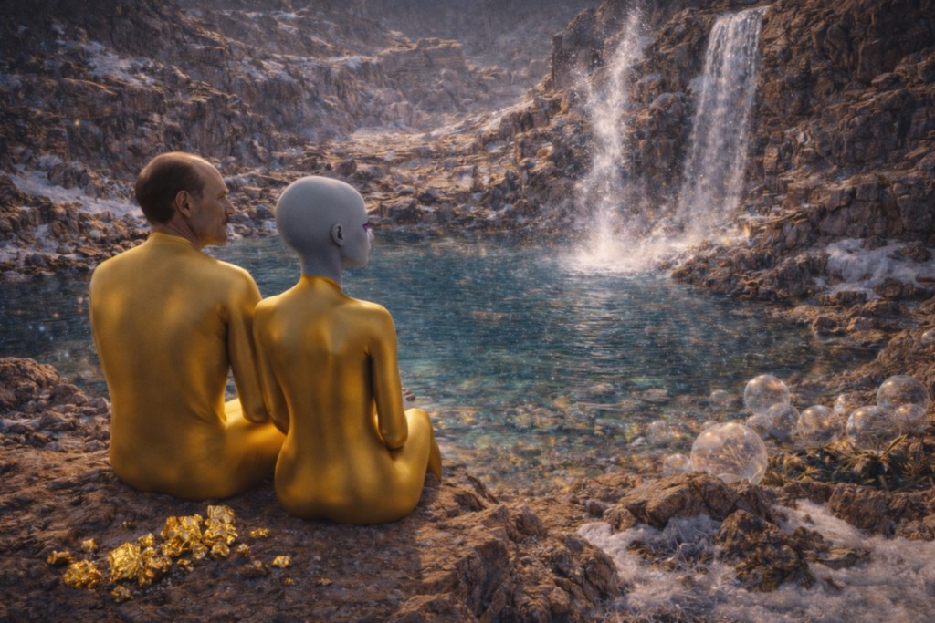 Illustration de la promenade de Alec et Zeena à la source d'eau avec les roches veinées de quartz, les plantes en forme de boules gélatineuses et la pyrite.