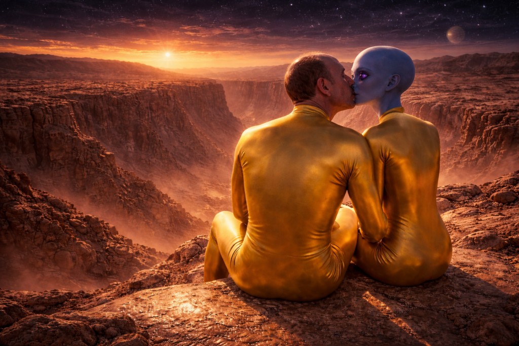 Illustration du baiser de Zeena à Alec, assis près de l'énorme Canyon résultant de l'accident qui projeta Haven dans une autre dimension.