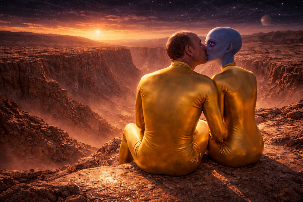 Illustration du baiser de Zeena à Alec, assis près de l'énorme Canyon résultant de l'accident qui projeta Haven dans une autre dimension.