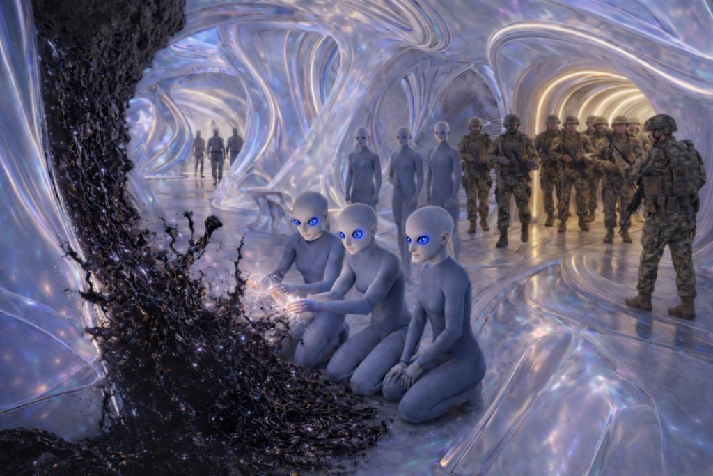 Illustration des Havenites dans la base souterrain servant à la destruction de la "peste noire", évacués de force par des militaires.