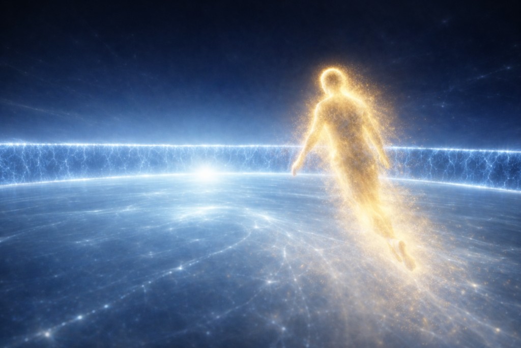 Illustration d'Alec ayant un corps fantomatique, se déplaçant par la pensée au-dessus de la surface blanche translucide entourée de l'anneau de lumière bleue énergétique.