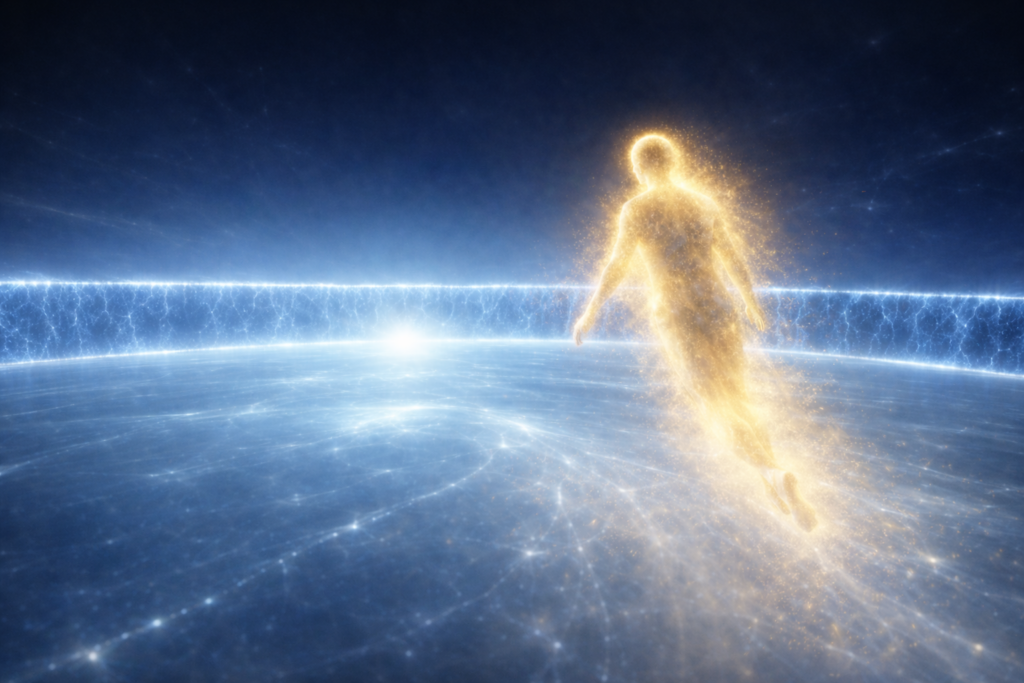 Illustration d'Alec ayant un corps fantomatique, se déplaçant par la pensée au-dessus de la surface blanche translucide entourée de l'anneau de lumière bleue énergétique.
