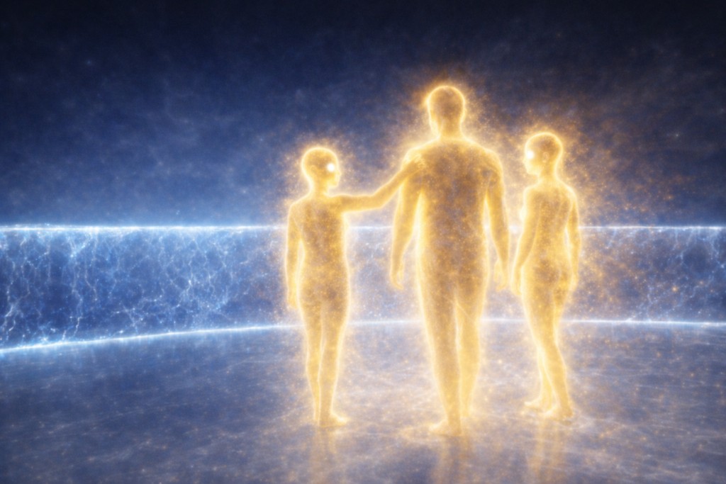 Illustration de la rencontre de Alec avec d'autres formes humanoïdes fantomatiques dorées qui l'amènent à aller traverser l'anneau de lumière bleue.