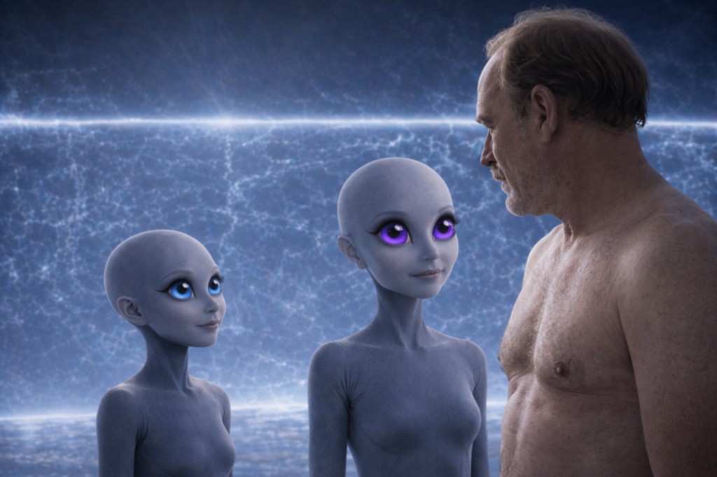 Illustration de Alec nu et les deux humanoïdes femelles qui l'avaient accompagné, de l'autre côté de la barrière d'énergie bleue, quand ils ont retrouvé une apparence corporelle normale.