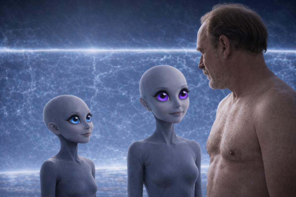 Illustration de Alec nu et les deux humanoïdes femelles qui l'avaient accompagné, de l'autre côté de la barrière d'énergie bleue, quand ils ont retrouvé une apparence corporelle normale.