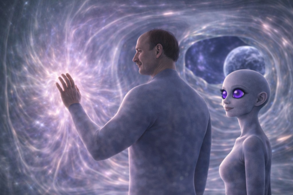 Illustration de Alec Neald touchant les parois du vaisseau de Haven, qui réagissent à son contact en devenant translucide et irisé.