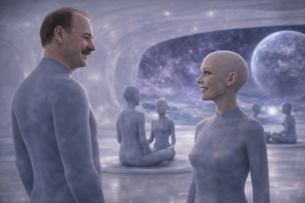 Illustration de la rencontre avec Millie, l'autre terirenne présente dans le vaisseau de Haven, et recouverte aussi de la combinaison de seconde-peau.