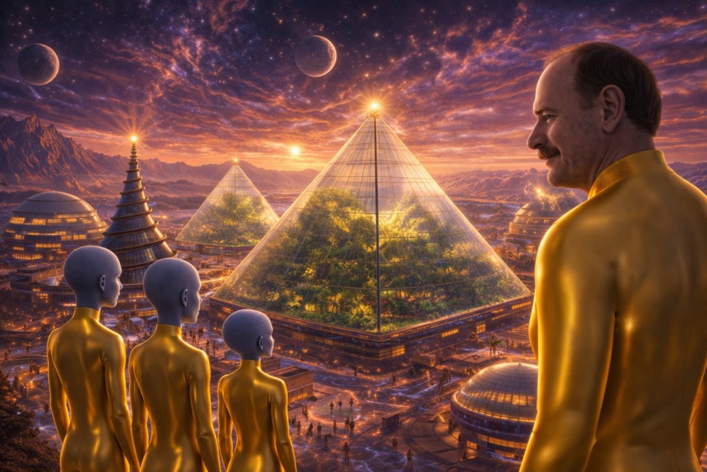 Illustration de pyramides permettant la croissance sous serre protectrice de végétation luxuriante (les rayons solaires dangereux auraient raison de la végétation à l'air libre).