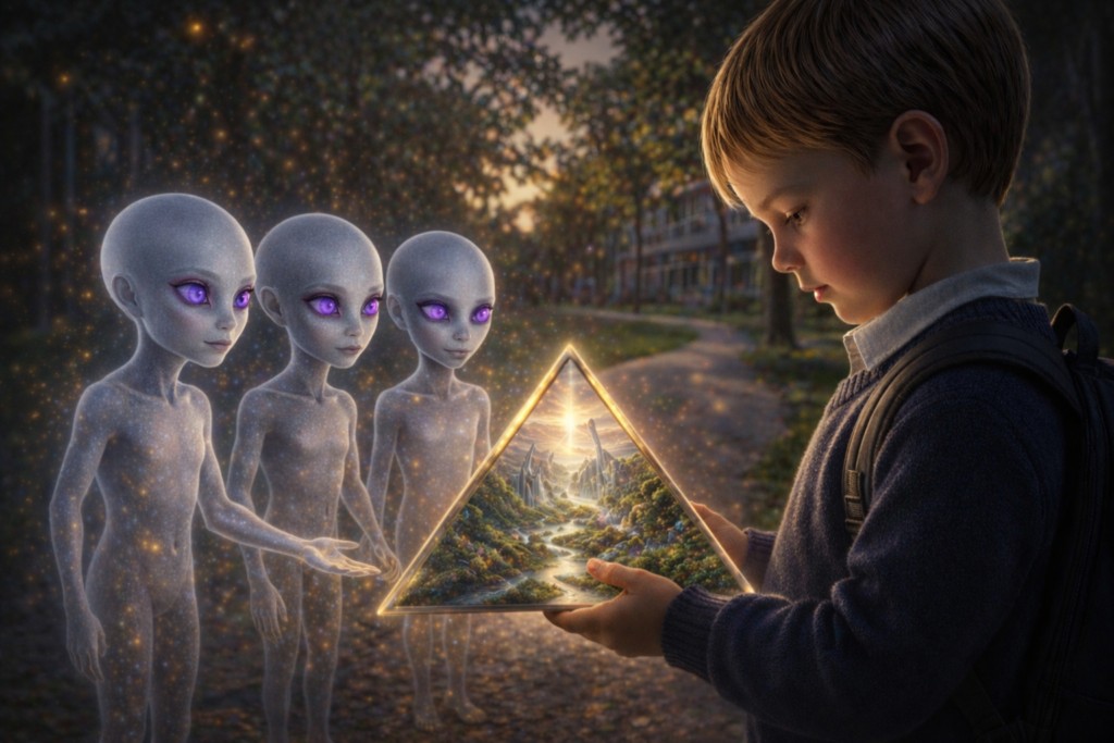 Illustration de la pyramide donnée par les entités à Alec enfant, qui permet d'accéder à un autre monde avec des pyramides de ristal, des paysages étranges, des bâtiments vivants, en fait Haven certainement !