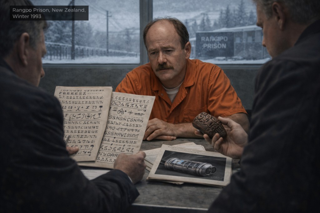 Illustration de Alec en prison interrogé par deux agents qui lui promettent une libération si il les aide en donnant des informations détaillées sur son contact extraterrestre de façon exclusive.