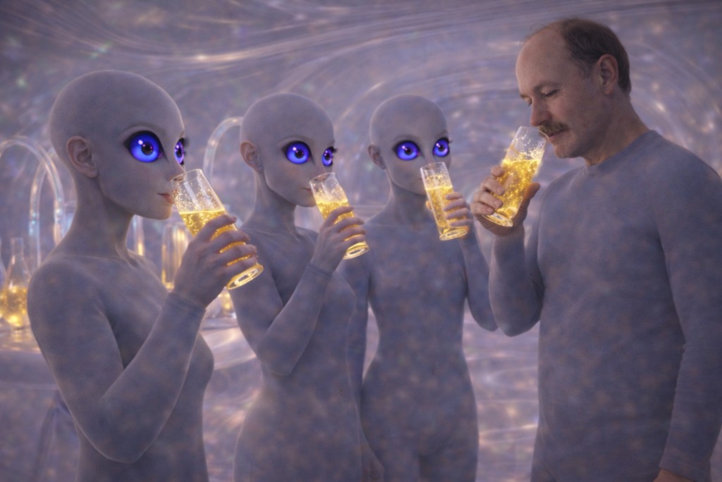 Illustration : Alec et des hybrides, s'alimentant en buvant la boisson dorée servie par le distributeur de boisson à bord.