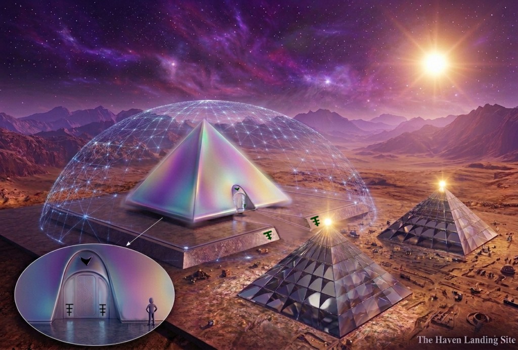 Illustration du site d'atterrissage de Haven avec le vaisseau pyramide posé sur sa plate-forme, protégé par un champ de force tout autour, selon le dessin du livre de Alec Newald.