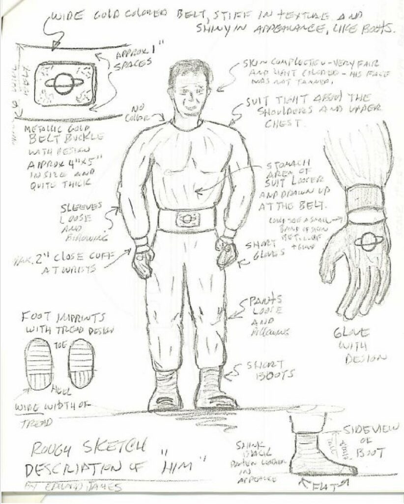 Dessin du livre d’Edward James avec le détail de l’homme de Vénus qu’il a rencontré la première fois.