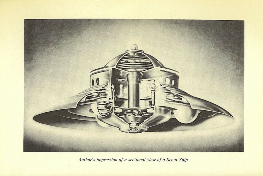 Un dessin d’artiste de l’intérieur d’un vaisseau Vénusien commandité à l’époque selon les observations d’Adamski, conforme à ce que décrit le visiteur de l’intérieur de l’éclaireur à Edward James.