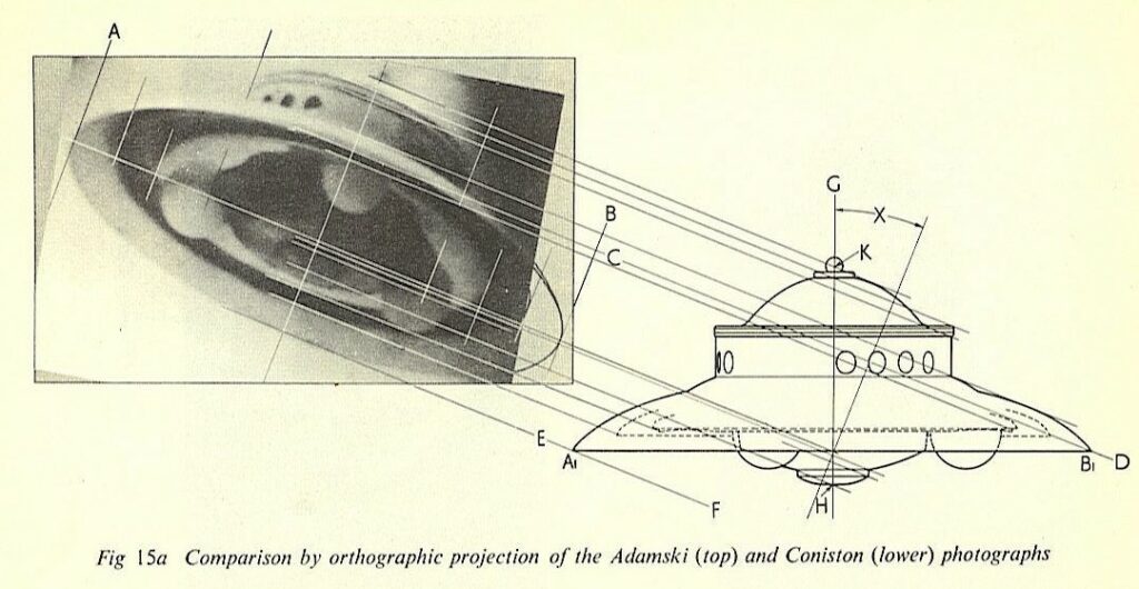 Comparaison de photographie de vaisseau éclaireur d’Adamski du 13 décembre 1952 avec la schématique du vaisseau donné par Adamski, qu’on voit identique à celle observée par Edward James. Provenant du livre de Edward James.