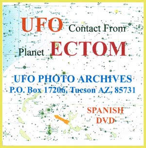 Seul visuel disponible du contenu diffusé sur Ectom par Wendelle Stevens. La carte stellaire indique pour Ectom une région de la constellation d’Orion près du Baudrier d’Orion, alors que José Yaguana indique qu’Ectom est dans les Pléiades. Ceci en raison du dessin fait par José du groupe de 7 étoiles qui lui a été montré d’où ils proviennent, que Stevens a considéré comme étant le cœur d’Orion, mais que José Yaguana indique comme étant les Pléiades. José confirmera en interview que c'était bien les Pléiades qui lui ont été montrées par les Ectomites, donc c'est le visuel de Stevens qui est erronné.
