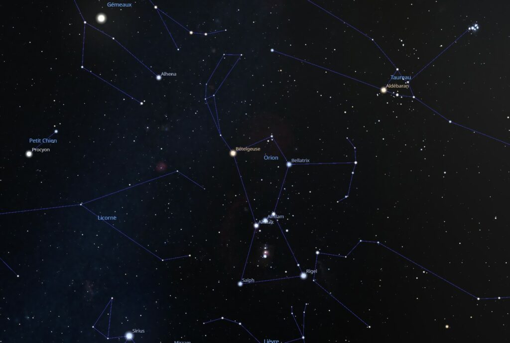Maintenant à titre de comparaison sur la taille relative que peuvent faire ces 7 étoiles brillantes d’Orion avec la constellation des Pléiades en haut à droite. Les Pléiades sont très petites vues à vue d’œil dans le ciel, pas de confusion possible avec le centre d'Orion qui est bien plus grand. Donc José Yaguana ne peut pas confondre ce qu'il a vu, et il dit que c'était les Pléiades.