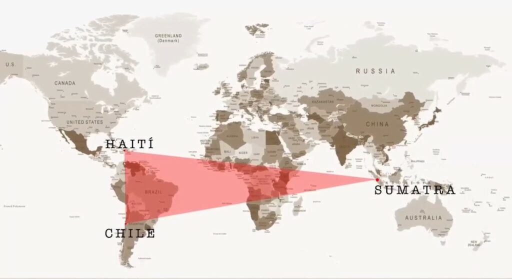 Les trois emplacements de tragédies mentionnés par les Ectomites en 1996. Il y eut un tremblement de Terre meurtrier à Haïti le 12 janvier 2010 (7,3 sur l’échelle de Richter), un autre le 27 février 2010 au Chili (jusqu’à 8,8 sur l’échelle de Richter), un autre le 12 août 2010 en Equateur (7,2 sur l’échelle de Richter), mais sans mort pour celui-ci car il a eu lieu en plein milieu d’une zone non habitée sur près de 140 km. Cela fait un triangle de tremblements de terre sur une période rapprochée.