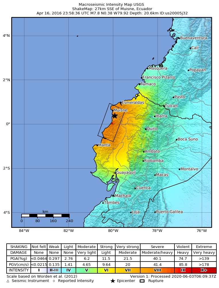 Voici la carte des destructions qui eurent lieu le 16 avril 2016 lors d’un terrible tremblement de Terre en équateur de magnitude 7,8 sur l’échelle de Richter, qui détruisit sur une grande distance jusque dans la capitale, faisant des centaines de morts et de dizaines de milliers de sans-abris. Ceci est pour José l’une des tragédies commençant en 2016 annoncées par les Ectomites, touchant directement son pays, celui ayant fait le plus de mort depuis 1979.