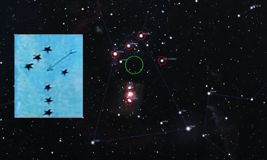 Comparaison de correspondance exacte du dessin de José Yaguana avec des étoiles du secteur du Baudrier d’Orion, avec en vert au milieu la région où serait Ectom dans ce cas. (Pour information une des trois « étoiles» alignées du bas, celle du milieu du groupe de 3, n’est pas une étoile mais une formation nébulaire massive).