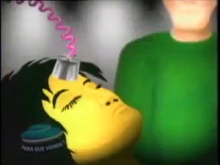Image extraite d'un film d'animation fait par la TV d'Ecuavisa pour l'émission spéciale "Para que viénen ?" sur le cas du contact de Ectom. Illustration de la ventouse avec fil spiralé posée sur le front de Graciela.