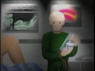 Image extraite d'un film d'animation fait par la TV d'Ecuavisa pour l'émission spéciale "Para que viénen ?" sur le cas du contact de Ectom. Illustration du foetus récupéré  par un Ectomite et mis dans un container transparent servant de couveuse technologique..