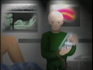 Image extraite d'un film d'animation fait par la TV d'Ecuavisa pour l'émission spéciale "Para que viénen ?" sur le cas du contact de Ectom. Illustration du foetus récupéré  par un Ectomite et mis dans un container transparent servant de couveuse technologique..