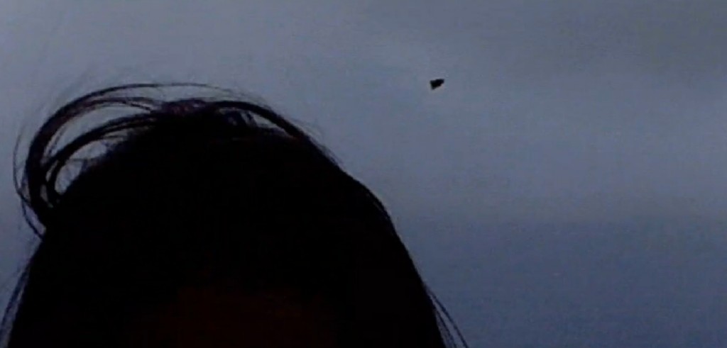 Zoom sur la photo précédente, zone de l'engin volant visible. José compare sa forme à celle d'une balle de fusil, en fait la même forme triangulaire que l'engin vu dans le ciel près de Graciela sur une autre photo.